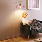 Pink Floor Lamp for Living Room,Bedroom,Gold Dimmable Standing Lamp with Remote,Mid Century Modern Brass Tall Lamp Boho Floor Lamps Arc Stained Glass Flower Floor Light Lamp Girls kids Bohemian