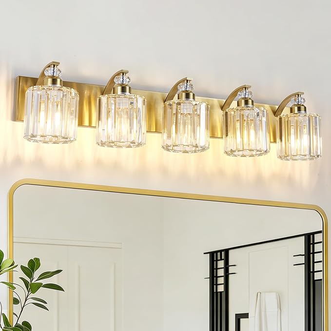 5-Lights Brushed Brass Bathroom Light Fixture Gold Vanity Lights Modern Crystal Bathroom Vanity Lighting Over Mirror Wall Sconce with K9 Crystal Shade E26 Base for Living Room, Bedroom Wall Lamp