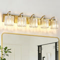 5-Lights Brushed Brass Bathroom Light Fixture Gold Vanity Lights Modern Crystal Bathroom Vanity Lighting Over Mirror Wall Sconce with K9 Crystal Shade E26 Base for Living Room, Bedroom Wall Lamp