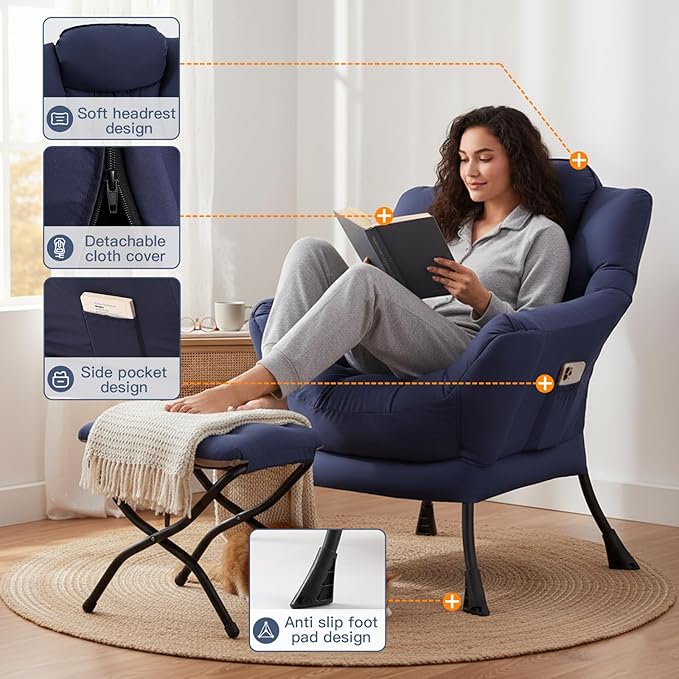 Lazy Chair with Ottoman, Large Lounge Accent Chair with Ottoman and a Throw Pillow, Navy Reading Chair for Living Room Bedroom Dorm Room Office Apartment Relaxing Use