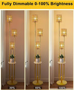 Lightdot Dimmable Boho Floor Lamps with Table, 3-Lights Rattan Floor Lamp 3000K Warmwhite Farmhouse Floor Lamp, Rustic Gold Standing Lamp for Living Room/Sofa Beside/Corner Decor(Bulbs Included