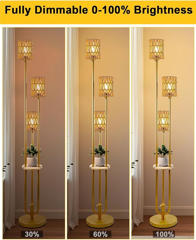 Lightdot Dimmable Boho Floor Lamps with Table, 3-Lights Rattan Floor Lamp 3000K Warmwhite Farmhouse Floor Lamp, Rustic Gold Standing Lamp for Living Room/Sofa Beside/Corner Decor(Bulbs Included