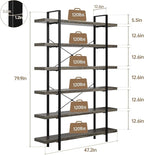 Bookshelf Set, Heavy Duty 6-Tier Industrial Bookcase, 47" Wide Wood Bookshelf for Home Office, 120lbs Shelf Capacity, Rustic Open Display with Horizontal Shelf for Living Room Bedroom, Grey
