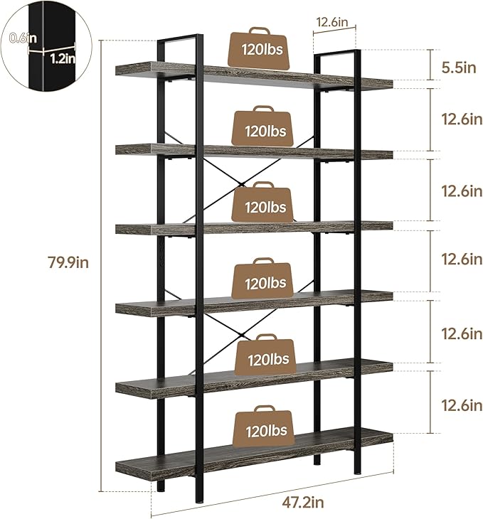 Heavy Duty 6-Tier Industrial Bookcase, 47" Wide Wood Bookshelf for Home Office, 120lbs Shelf Capacity, Rustic Open Shelving Display with Reinforced Horizontal Shelf for Living Room Bedroom, Grey