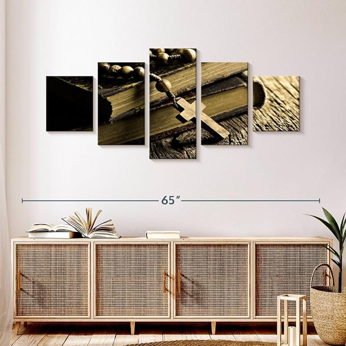 Elephant Stock Bible And Cross Wall Art Multi Piece Canvas - 5 Panel Christian Pictures Decor - Digital Design Canvas Print - Christian Wall Decor - 55" X 24"
