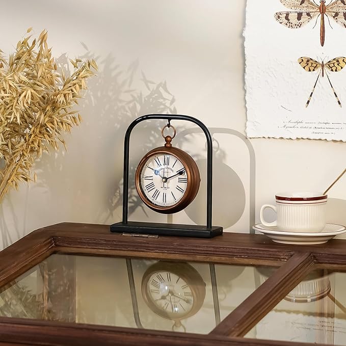 NIKKY HOME Small Retro Desk Clock, Silent Non-Ticking Classic Battery Operated Decorative Table Mantel Shelf Clock for Living Room