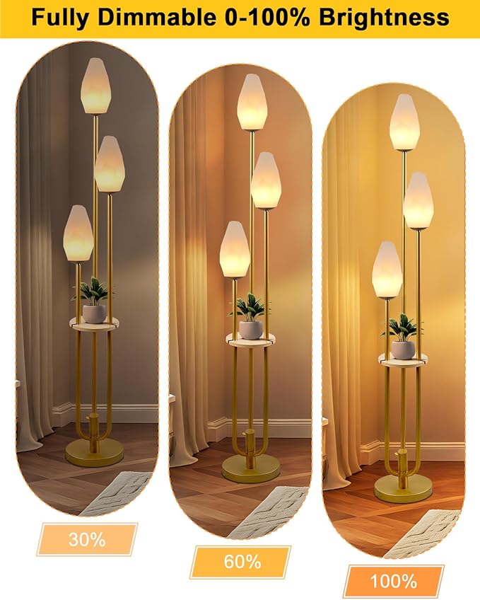 Lightdot Gold Floor Lamp with Tray, 3-Lights Dimmable Floor Lamps with Rock-Shaped Shade, Unique Candle Holder Style Modern Tall Lamp for Living Room/Party/Sofa Beside/Corner Decor(Bulbs Included)