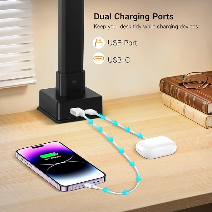 OUTON 29.5" Led Desk Lamp for Office Home, USB-A & USB-C Ports, Touch & Remote Control, 5 Color Temperatures, Stepless Dimming, Timer & Memory Function, 24W Eye-Care Monitor Light for Study Drafting