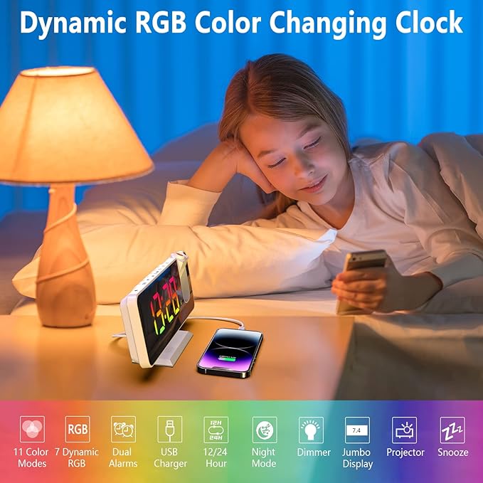Projection Alarm Clock for Bedroom Ceiling, 180° Rotatable Projector 7.4” Mirror RGB Digital LED Display 12/24H, 5 Level Brightness Dimmer, Dual Alarm Clock (White)