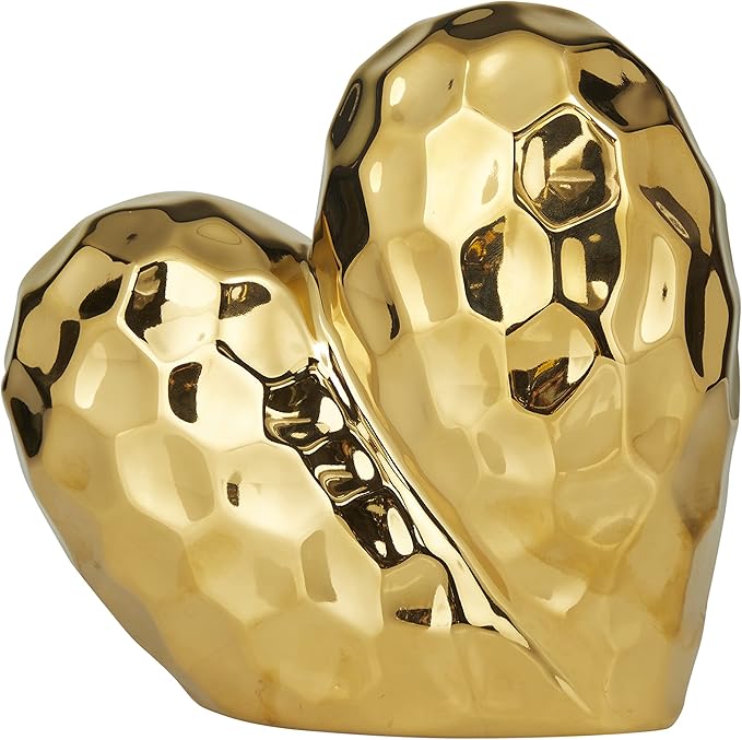 Deco 79 Porcelain Ceramic Heart Decorative Sculpture Dimensional Angled Origami Inspired Home Decor Statue, Accent Figurine 12" x 6" x 11", Gold