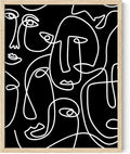 Abstract Face Pattern Wall Art Black Background White Continuous Line Drawing 11x14 Inch Oak Wood Beige Framed Modern Diverse Portrait for Living Room Decor