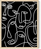 Abstract Face Pattern Wall Art Black Background White Continuous Line Drawing 11x14 Inch Oak Wood Beige Framed Modern Diverse Portrait for Living Room Decor