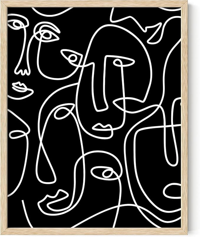 Abstract Face Pattern Wall Art Black Background White Continuous Line Drawing 11x14 Inch Oak Wood Beige Framed Modern Diverse Portrait for Living Room Decor
