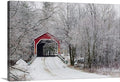 CANVAS ON DEMAND Red Covered Bridge in the Winter; Adamsville Quebec Canada Canvas Wall Art Print by David Chapman, Home Decor, Frost, Winter Artwork, 48"x32"