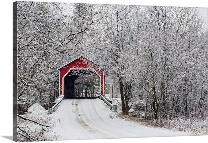 CANVAS ON DEMAND Red Covered Bridge in the Winter; Adamsville Quebec Canada Canvas Wall Art Print by David Chapman, Home Decor, Frost, Winter Artwork, 30"x20"