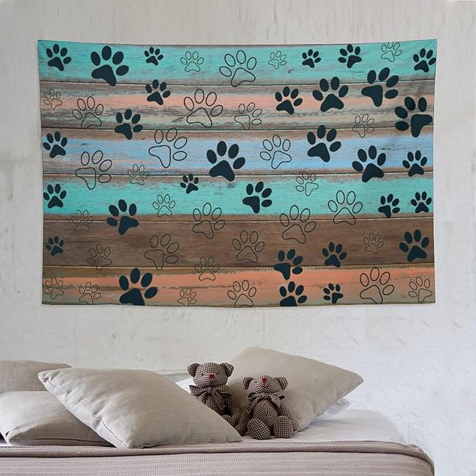 VUMIVI Dog Paw Print Tapestry Rustic Farmhouse Vintage Wood Paneling Home Decor Tapestry Wall Hanging for Living Room Bedroom Dorm Classroom Aesthetic Decor W90xL60in