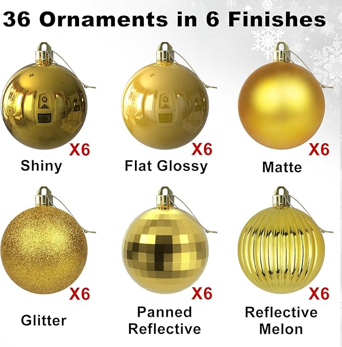 Gold 1.6" Small Christmas Balls Christmas Tree Decoration Ornaments Shatterproof Hanging Balls for Birthday Halloween Holiday Wedding Decorations Set of 36pcs