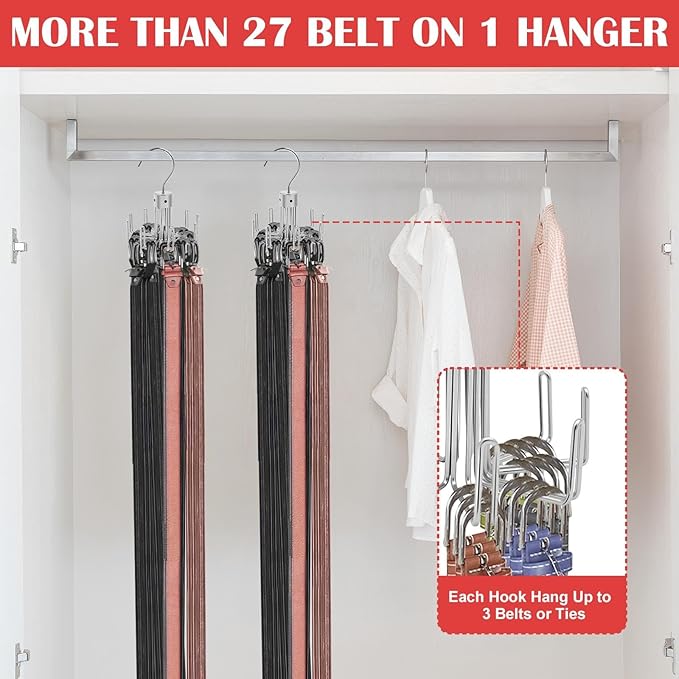 Belt Hanger for Closet, Rotatable Belt Organizer Closet Accessories Rack for Display, Holds up to 27 Items, 9 Large Non-Slip U-Shaped Holder Storage Hooks for Belt, Scarf, Silver
