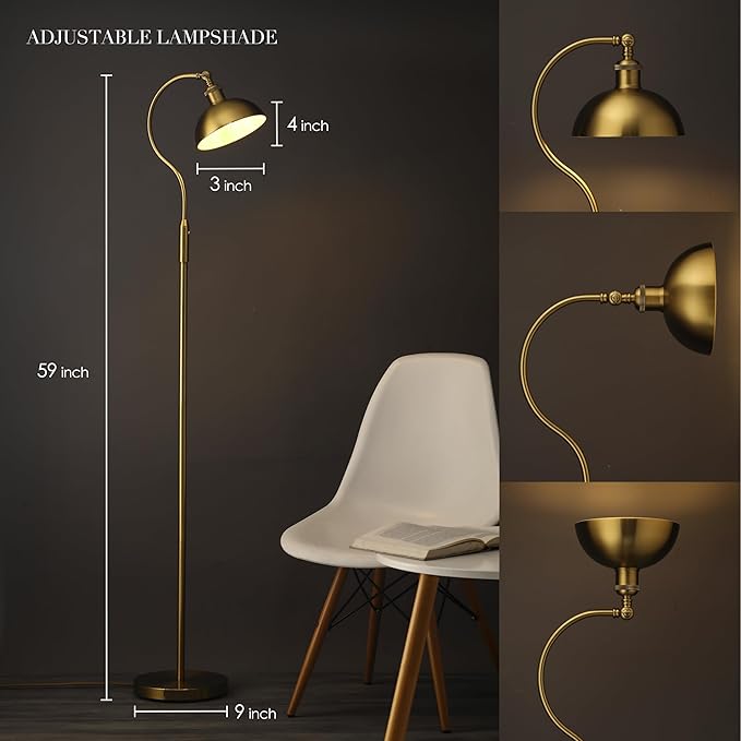 O’Bright Heritage - Banker’s Floor Lamp, 3-Level Touch Dimming, Adjustable Tilt Shade, Removable Lampshade Design, E26 Socket with 6W Dimmable LED Bulb, Gold Metal Shade, Antique Brass