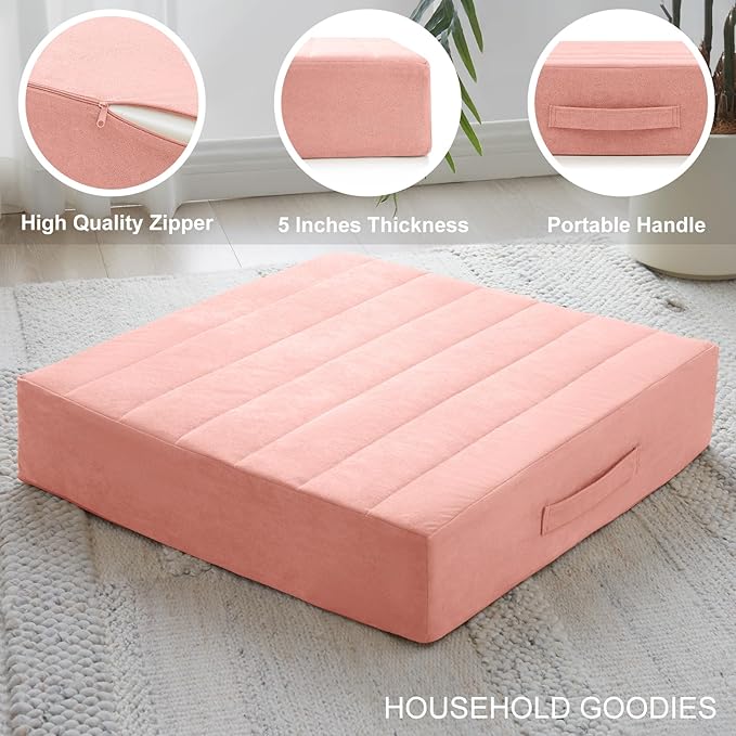 Floor Pillow - PinkJKMAX 22 inches Floor Pillow for Adults - Large Meditation Cushion with Thick Foam - Premium Outdoor Square Floor Cushion Seat - Yoga Pillow for Sitting On Floor - Pink