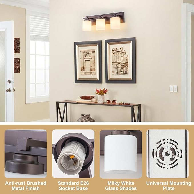 3 Light Modern Bathroom Light Fixtures Over Mirror, Bronze Finish Vanity Lights for Bathroom Wall Sconces with Milky White Glass Shades, E26 Socket (Bulbs Not Included)