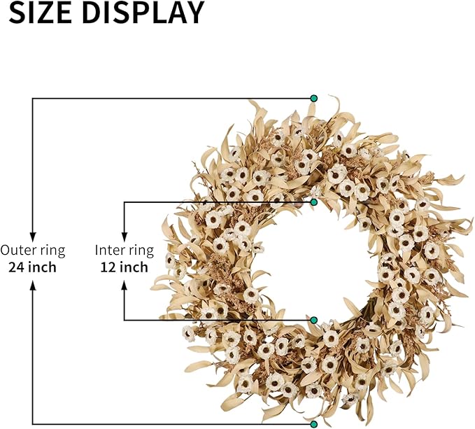 24 Inch White Floral Wreaths for Front Door - Spring Summer Decor with Artificial Eucalyptus, Boxwood & Grain Stems, All Season Farmhouse Wreath for Indoor Outdoor