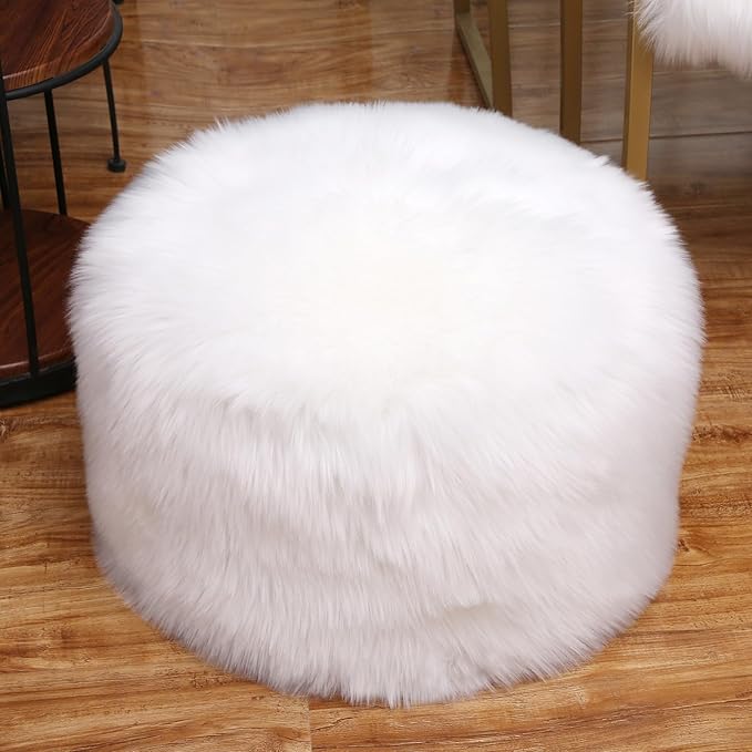 Fur Pouf Ottoman Unstuffed Floor Pouf White Ottoman Foot Rest NO Filler 20x20x12 Inches Round Poof Seat Floor Bean Bag Chair Foldable Floor Chair Storage for Living Room Bedroom White Cover ONLY