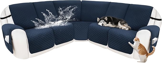 Reclining Sectional Couch Covers 100% Waterproof Velvet L Shape Recliner Sofa Cover for Dogs Pets Washable Anti Slip Recliner Slipcovers with Pockets (5 Seat Sofa, Navy Blue)