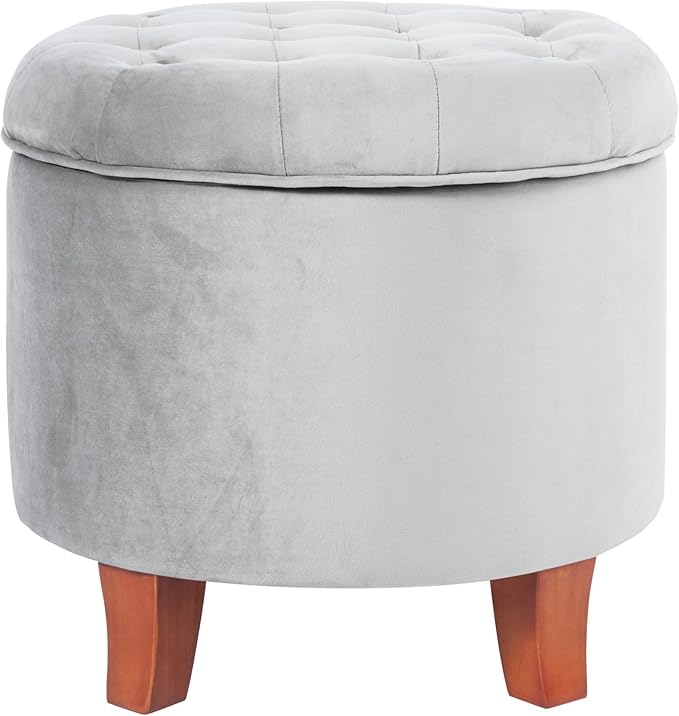 Homepop Home Decor | Upholstered Round Velvet Tufted Foot Rest Ottoman | Ottoman with Storage for Living Room & Bedroom | Decorative Home Furniture, Gray Small