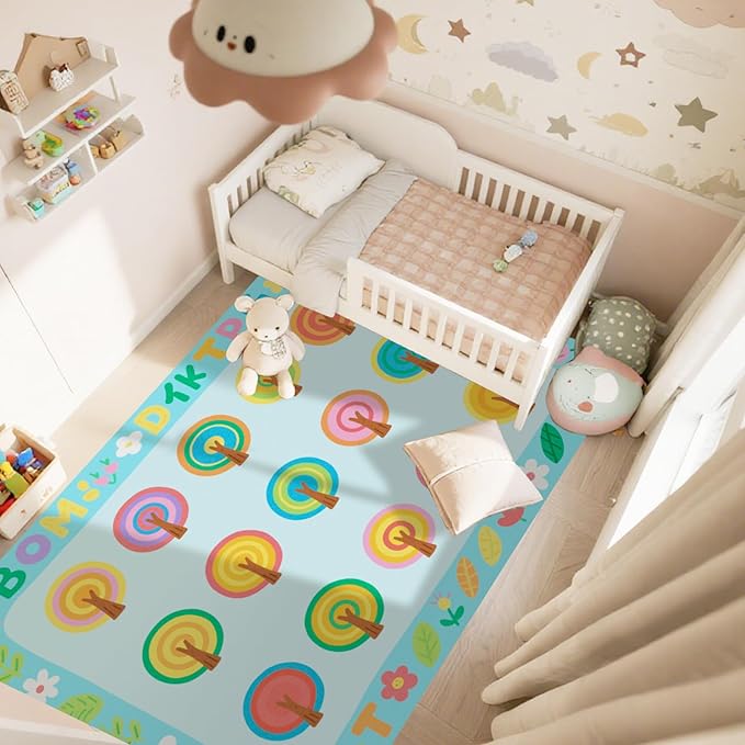 Large Classroom Carpet Rug, Educational Areas Rug Non-Slip Playmat Painted Small Tree Pattern, Washable Loop Pile Carpet for Playroom, Livingroom,Bedroom, Seats 30 7.6 x 13ft