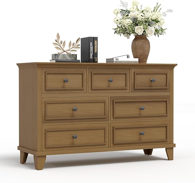 GarveeHome Brown Dresser for Bedroom, 7 Drawer Dresser, Wooden Chest of Drawers with Deep Drawers, 47 in Long Dressers TV Stand, Modern Dressers Organizer with Vintage Handle for Living Room, Hallway