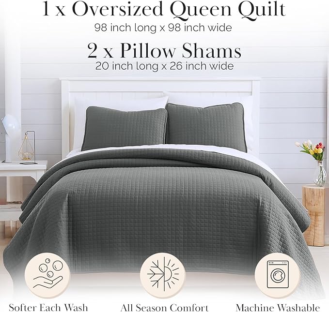 Southshore Fine Living, Inc. Summer Bedspreads, Queen Size Set, Full/Queen Quilt Bedspread with 2 Matching Pillow Shams, Soft Microfiber Lightweight Quilts Coverlet, Easy Care, Slate Grey