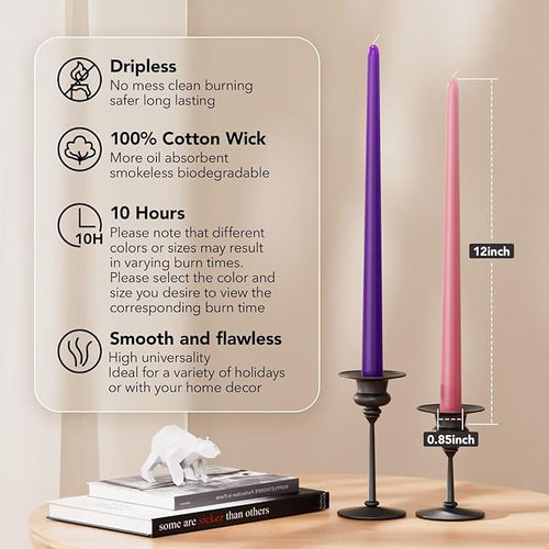 12-Inch Tall Dripless Advent Candles Set of 4, Tapered Candles, Perfect for Christmas - Smokeless, Unscented, Long Burning - Hand Poured, Colored Tall Candlesticks - Pink and Purple