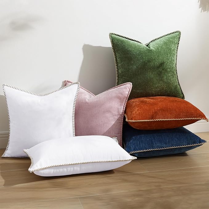 decorUhome Spring Chenille Soft Cozy Throw Pillow Covers 12x20 Set of 2, Modern Farmhouse Boho Velvet Decorative Pillow Cases with Stitched Edge for Couch Sofa Bed Home Decor, White