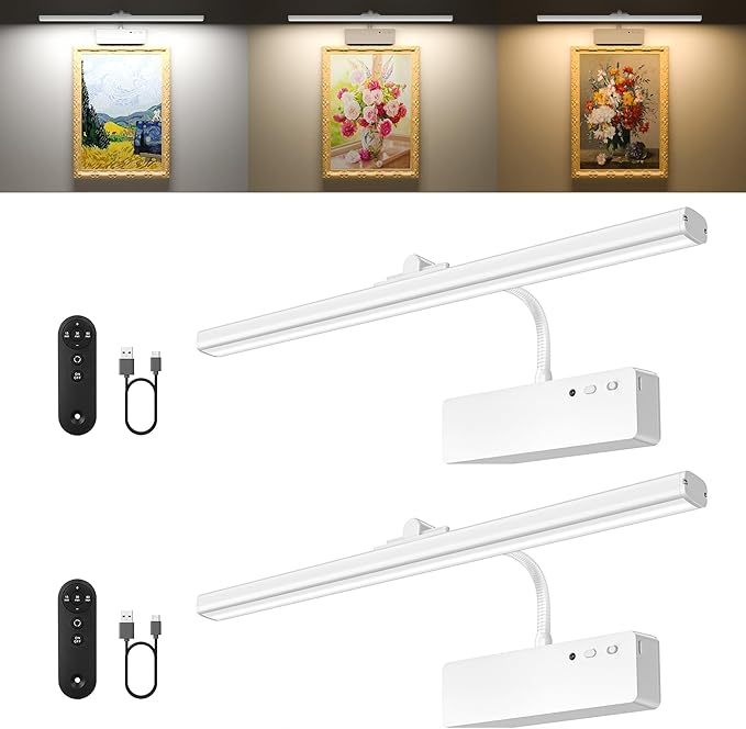 Picture Light, 15.35inch Wireless Picture Lights for Wall Rechargeable, Battery Lights for Pictures on Wall, 3 Color Art Lighting for Paintings with Timer and Dimmable Artwork Display (White-2PCS)