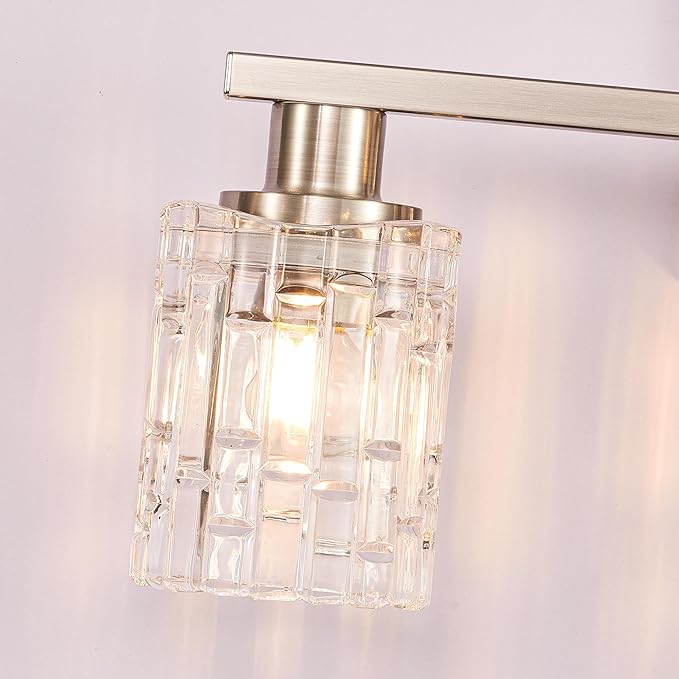 3 Light Brushed Nickel Bathroom Vanity Light Over Mirror, Modern Vanity Lighting with Crystal Glass Shade, Wall Mount Bathroom Light Fixtures, E26 Base