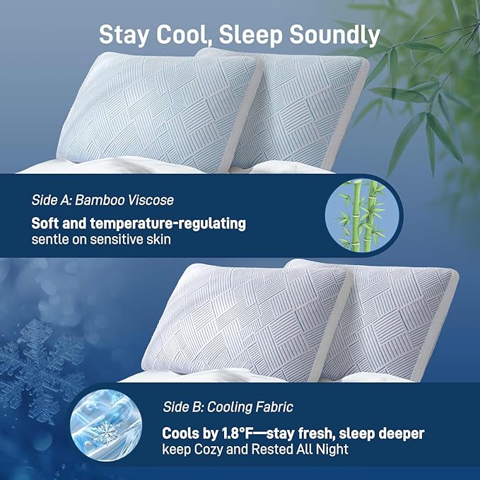 Shredded Memory Foam Cooling Soft Bamboo Viscose Pillow King Size, Adjustable Hypoallergenic Hotel Quality Bed Pillow for Side, Stomach and Back Sleeper, Oeko-TEX Certified