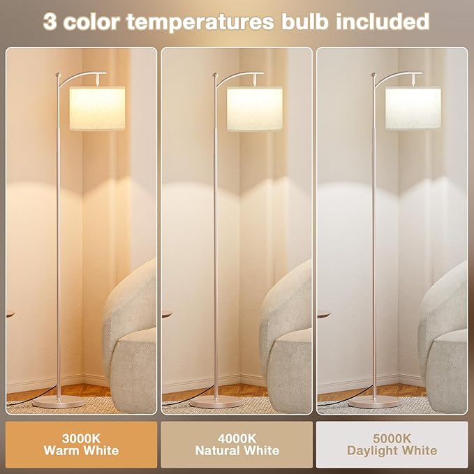 60" Floor Lamps for Living Room with 3 Color Temperatures, Adjustable Beige Shade with Light Gold Pole, Tall Lamps for Living Room Bedroom Office Classroom Dorm Room, 9W Bulb Included