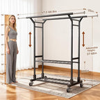 Luxspire Heavy Duty Clothes Rack Load 650 LBS, Double Rod Clothing Racks for Hanging Clothes, Rolling Garment Racks with Lockable Wheels, Shelves, Adjustable Laundry Hanging Rack, Black