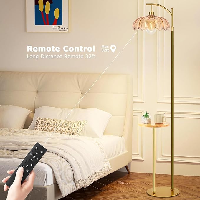 Gold Floor Lamp with Table and Shelves for Living Room Bedroom,Glass Standing Lamp with Remote Dimmable,Boho Brass Tall Lamp Vintage Farmhouse Arc Flower Floor Light Bohemian