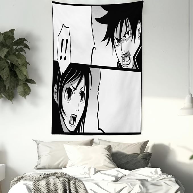 Ambesonne Anime Tapestry, Japanese Comics Strip Boy and Girl Fight Scene Manga Image Cartoon Print, Wall Hanging for Bedroom Living Room Dorm Decor, 40" X 60", Black White Grey