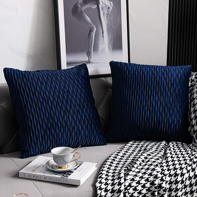 Navy Striped Couch Pillow Cases: 2 Pack 16x16 Inch Original Velvet Square Throw Pillow Covers for Farmhouse Home Decor