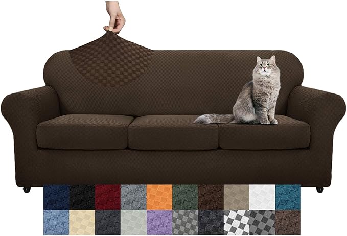 YEMYHOM Latest Checkered 4 Pieces Couch Covers for 3 Cushion Couch High Stretch Thickened Sofa Cover for Dogs Pets Elastic Slipcovers Living Room Furniture Protector (Dark Coffee), 71"-91"(3 CUSHIONS)
