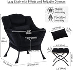 Lazy Chair with Ottoman, Modern Accent Chair with Lumbar Pillow, Velvet Black Sofa, Lounge Chairs with Folding Footrest, Oversized Supportive Chairs for Bedroom, Reading