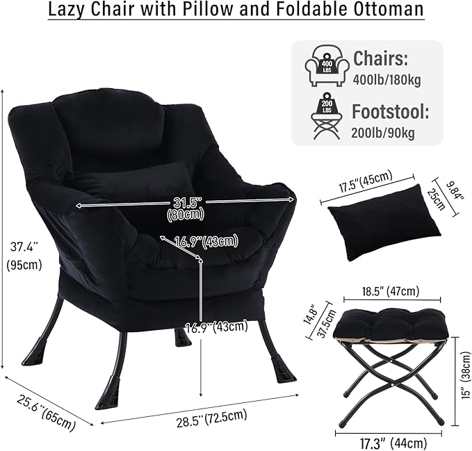 Lazy Chair with Ottoman, Modern Accent Chair with Lumbar Pillow, Velvet Black Sofa, Lounge Chairs with Folding Footrest, Oversized Supportive Chairs for Bedroom, Reading