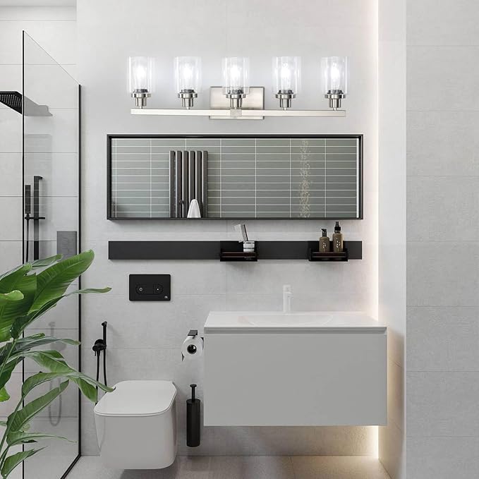 Bathroom Vanity Light, 5-Light Nickel Modern Matte Wall Sconce Lighting with Clear Glass Shade, Wall Lights,Bath Vintage Wall Mounted Lamps for Mirror Bedroom Living Room