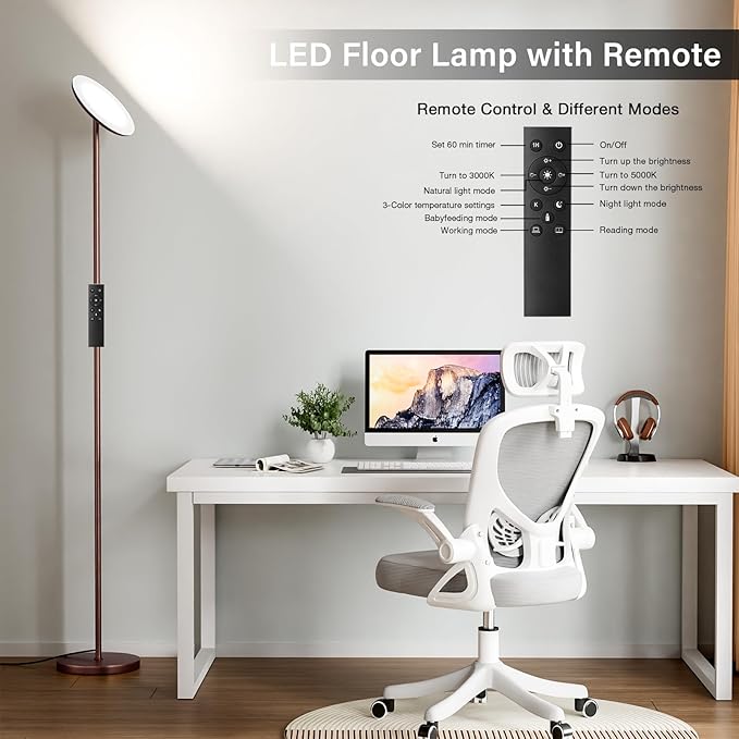 Modern LED Floor Lamp - Remote & Touch Control, Sky Torchiere Standing Lamp, Fully Dimmable, 3 Color Temperatures, Ideal for Living Room & Bedroom, Easy to Assemble(Brown)