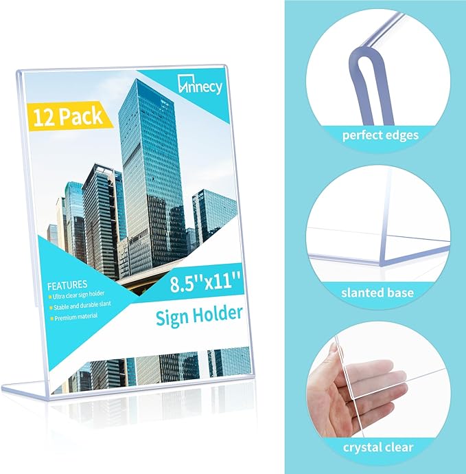 Annecy Sign Holder 8.5 x 11, 12 Pack, L Shape Plastic Clear Sign Stand for Display, Double-Sided, Slanted Back Design, Wide Use Plastic Material