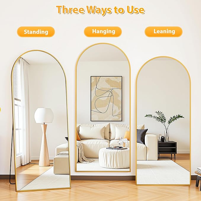Full Length Mirror, 68"x26" Oversized Floor Mirror Freestanding, Full Body Mirror Floor Standing Mirrors with Stand, Hanging Mounted Mirrors for Bedroom Living Room, Gold, Arched Style