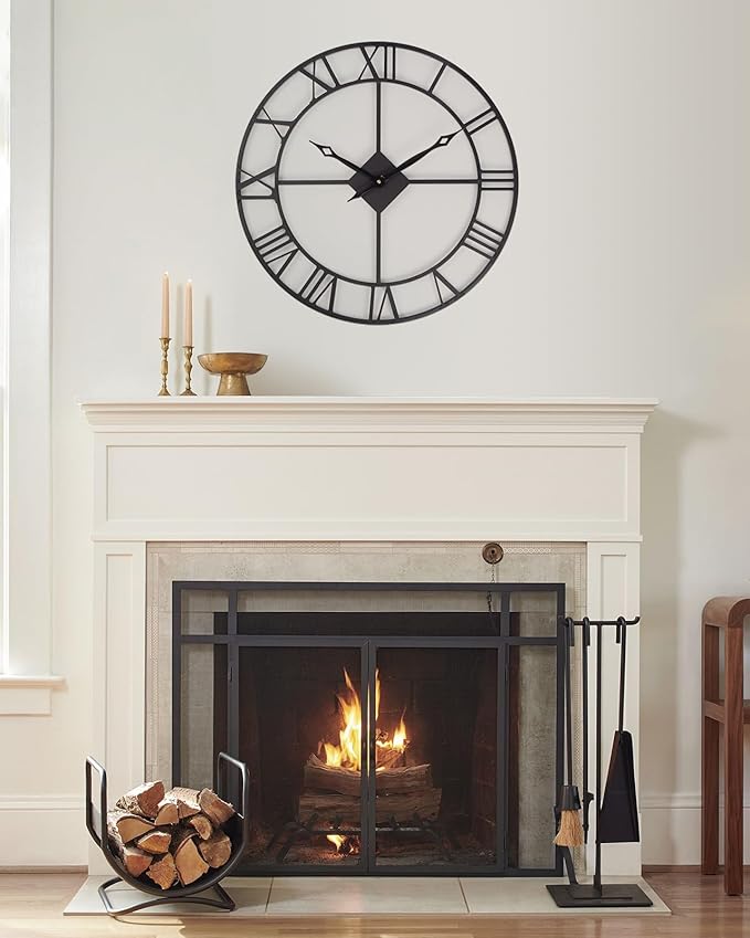 24 Inch Wall Clock, Large Roman Numerals Wall Clocks Battery Operated, Slient Vintage Skeleton Black Metal Indoor Outdoor Clocks for Living Room, Bedroom, Kitchen, Dining Room, Patio Decor